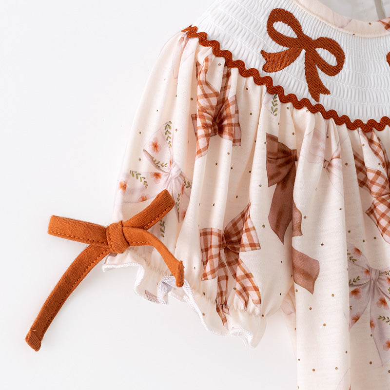 （In Stock）Girls Fall Bow Embroidery Smocked Dress
