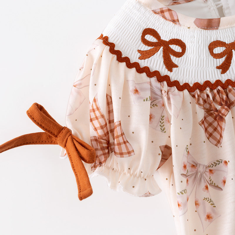 （In Stock）Toddler Girls Fall Bow Embroidery Smocked Romper