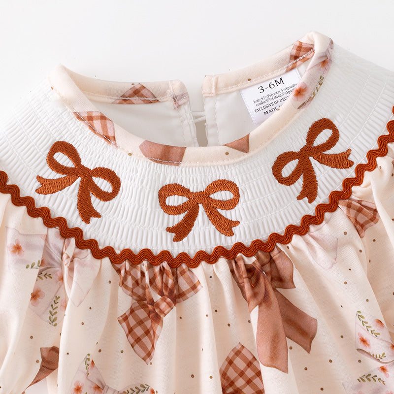 （In Stock）Toddler Girls Fall Bow Embroidery Smocked Romper
