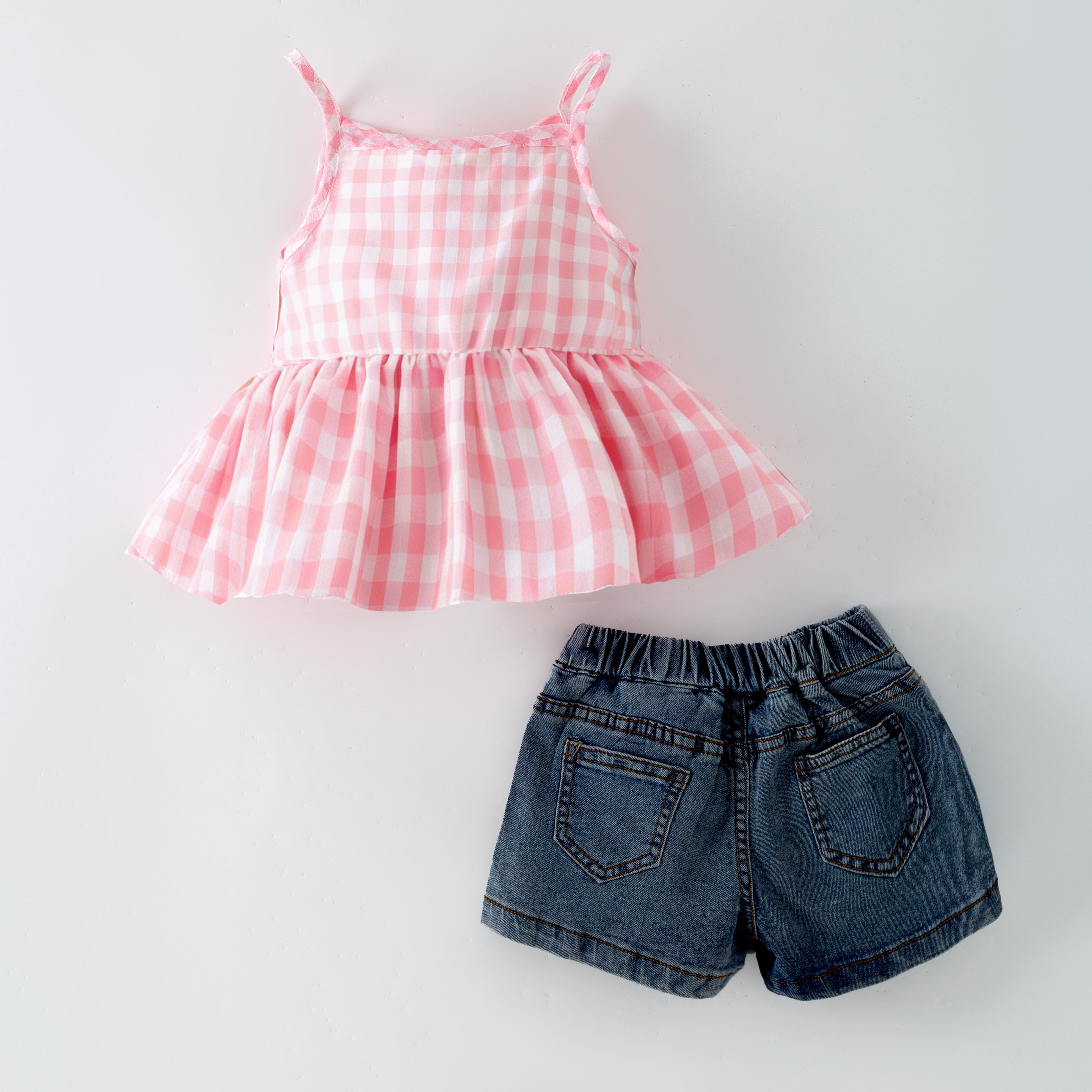 （In Stock）Girls Spring&Summer Strawberry Applique Denim Skort Set