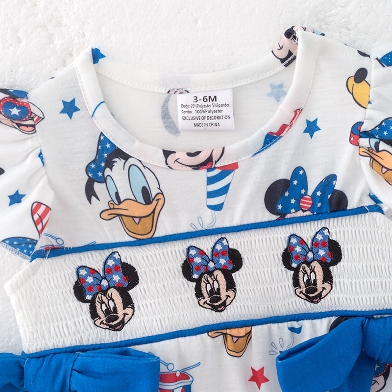 （In Stock）Toddler Girls Patriotic Cartoon Embroidery Smocked Romper