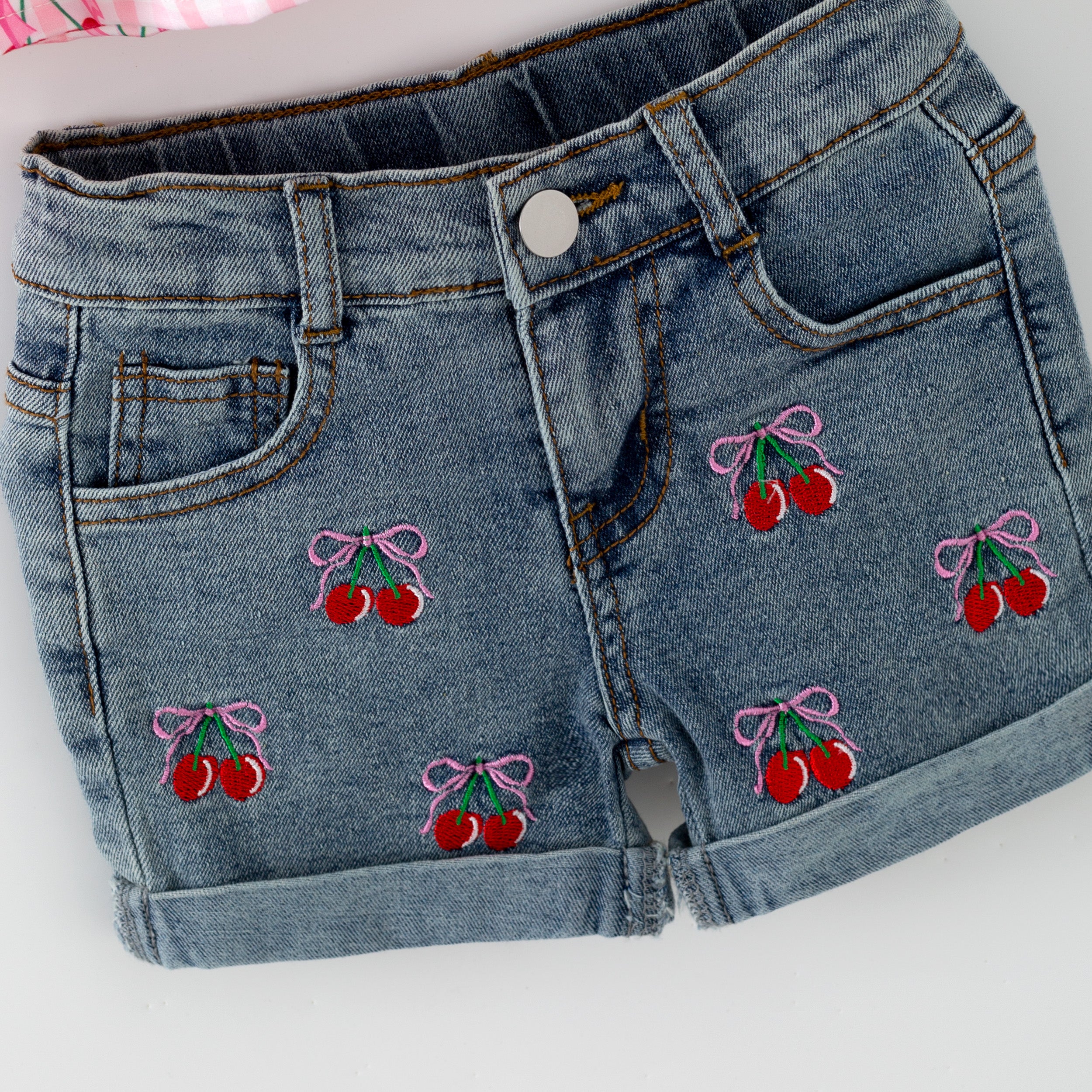 （In Stock）Girls Spring&Summer Cherry Print Denim Shorts Set