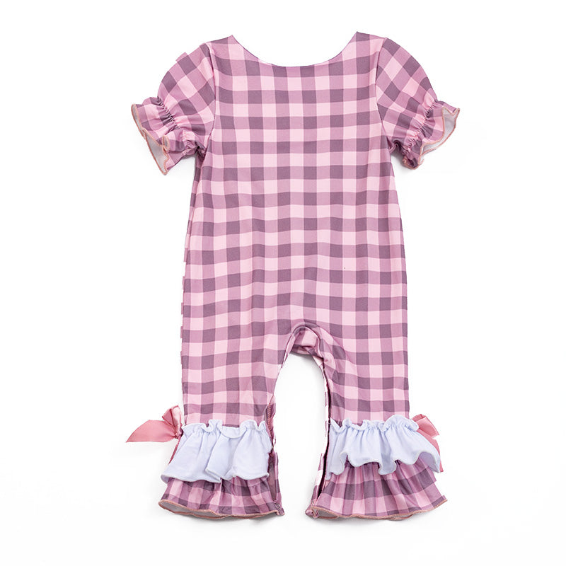 Girls' Farm Embroidered Checkered Romper
