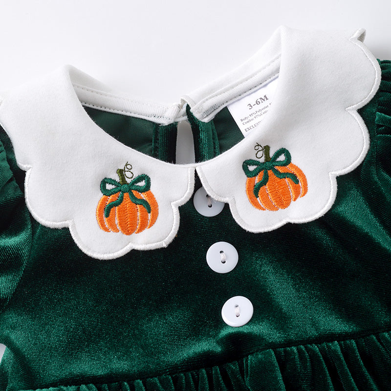 （In Stock）Toddler Girls Halloween Pumpkin Embroidery Dark Green Velvet Romper