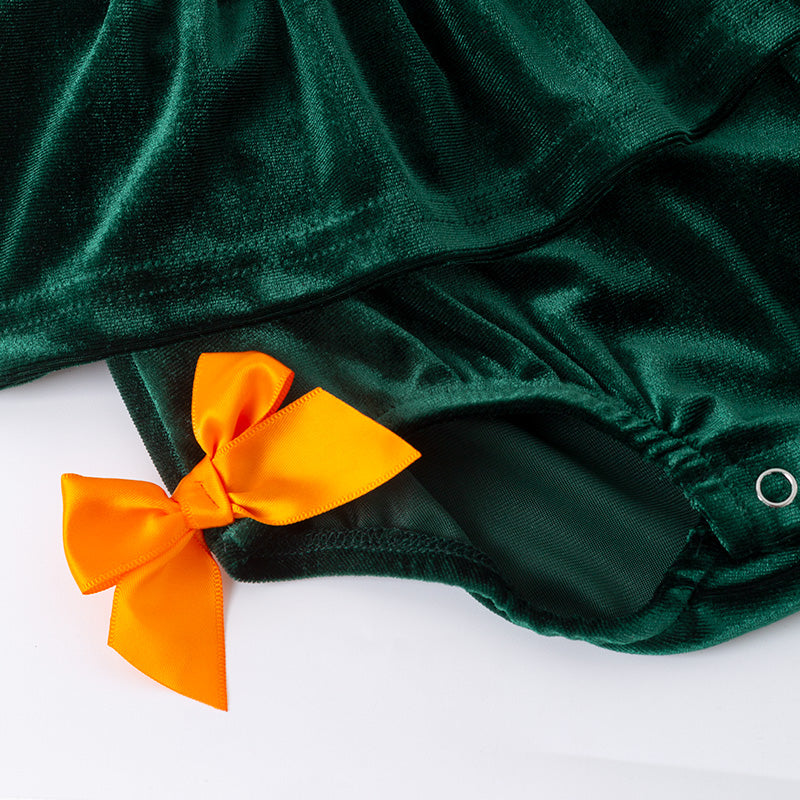 （In Stock）Toddler Girls Halloween Pumpkin Embroidery Dark Green Velvet Romper