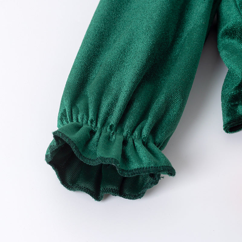 （In Stock）Toddler Girls Halloween Pumpkin Embroidery Dark Green Velvet Romper