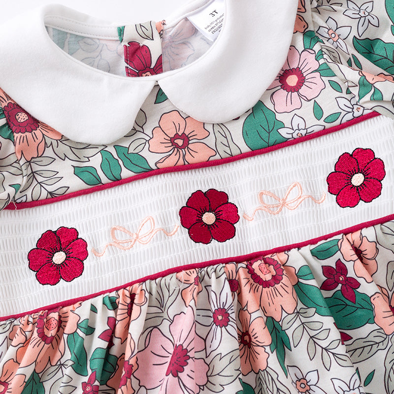 （In Stock）Girls Fall&Winter Floral Embroidery Smocked Outfit Set