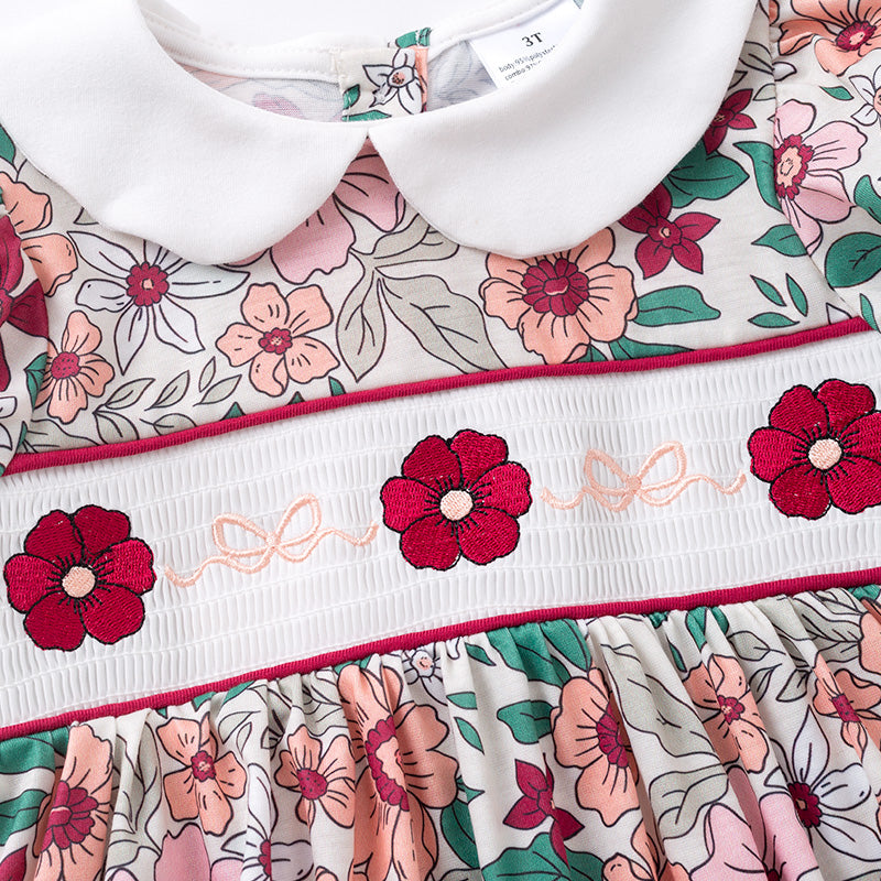（In Stock）Girls Fall&Winter Floral Embroidery Smocked Dress