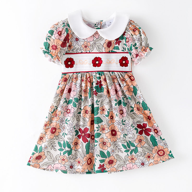 （In Stock）Girls Fall&Winter Floral Embroidery Smocked Dress