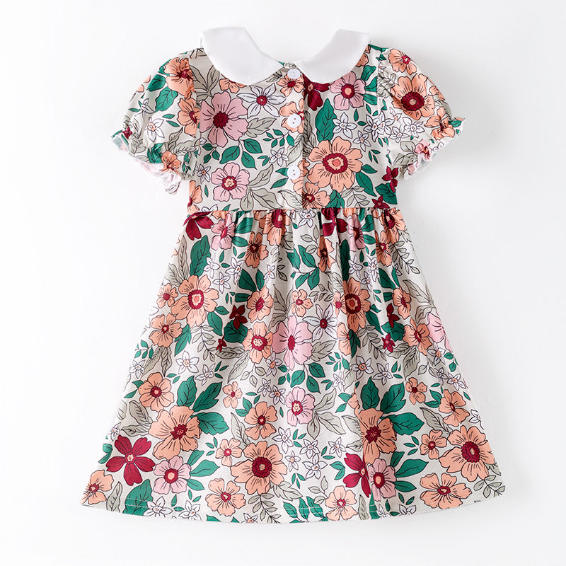 （In Stock）Girls Fall&Winter Floral Embroidery Smocked Dress