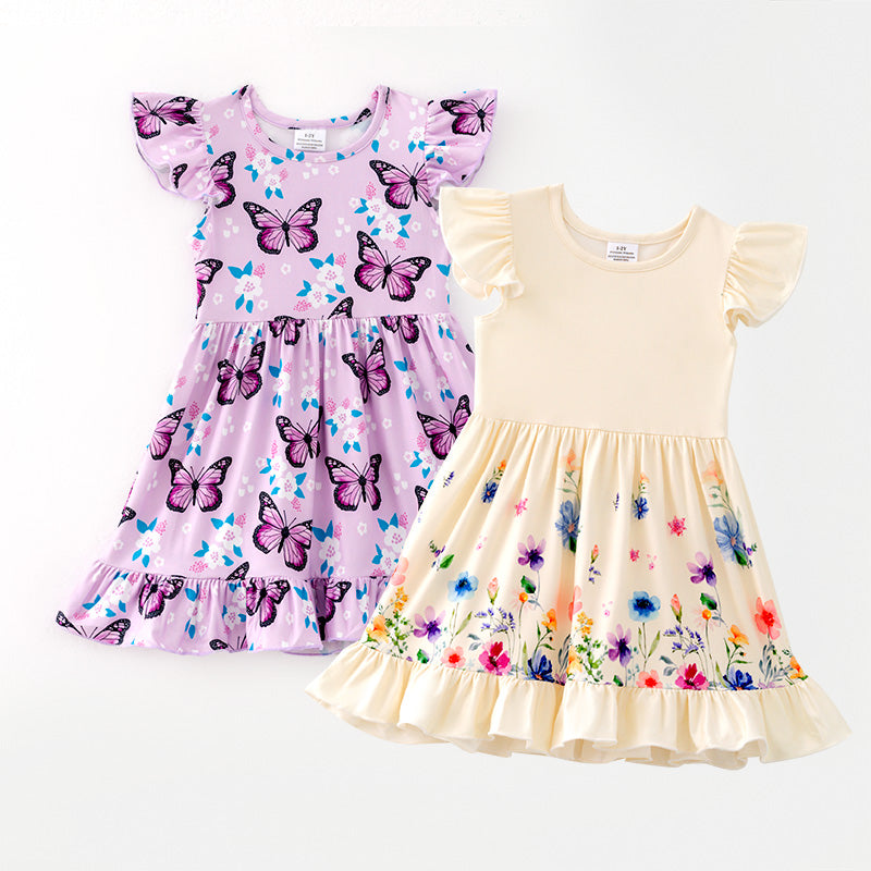 （In Stock）Girls Spring and Summer Floral ＆ Butterfly Print Dress 2PCS