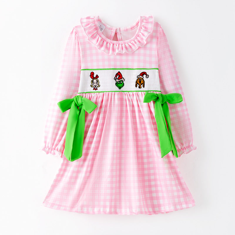 （In Stock）Girls Christmas Cartoon Embroidery Smocked Dress