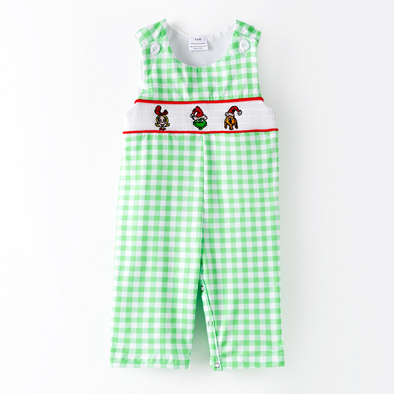 （In Stock）Toddler Boys Christmas Cartoon Embroidery Smocked Romper