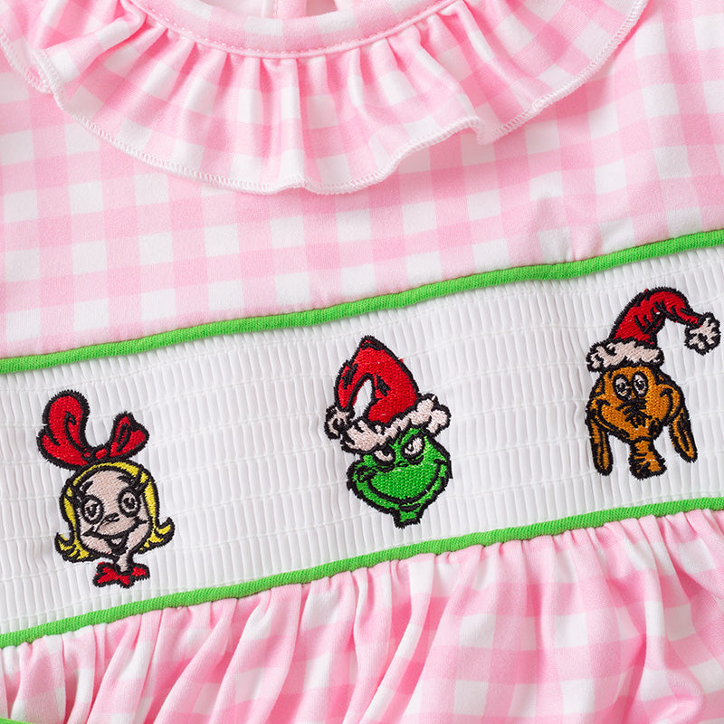 （In Stock）Girls Christmas Cartoon Embroidery Smocked Outfit Set