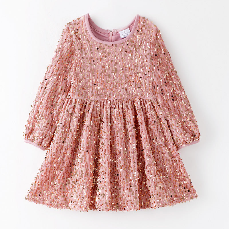 （In Stock）Girls Fall&Winter Pink Sequin Velvet Dress
