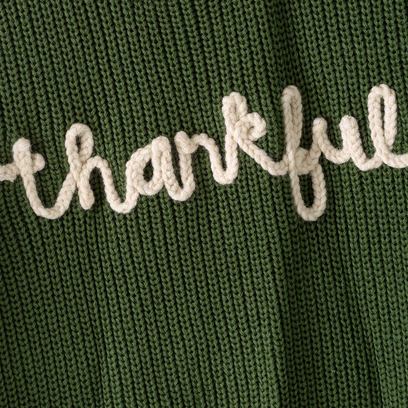 （In Stock）Girls Fall&Winter Thankful Embroidery Dark Green Sweater