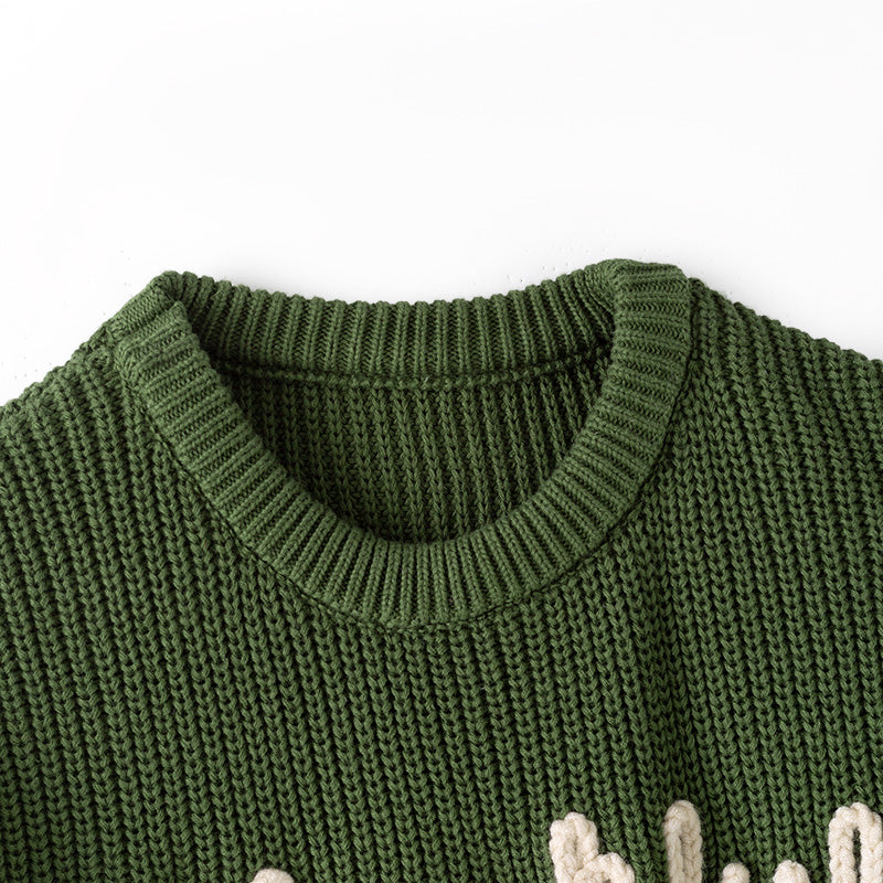 （In Stock）Girls Fall&Winter Thankful Embroidery Dark Green Sweater