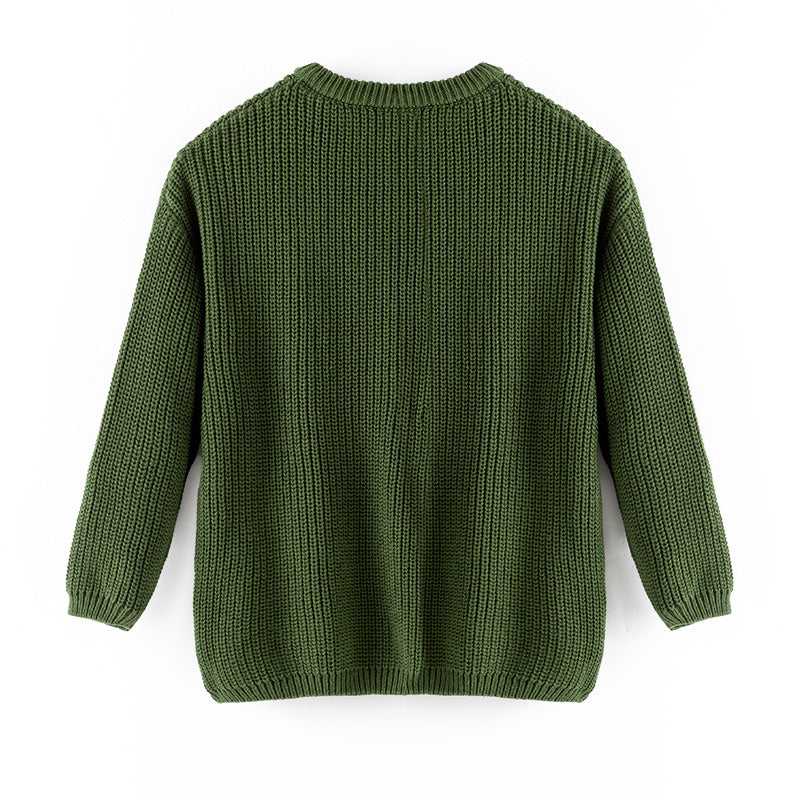 （In Stock）Girls Fall&Winter Thankful Embroidery Dark Green Sweater