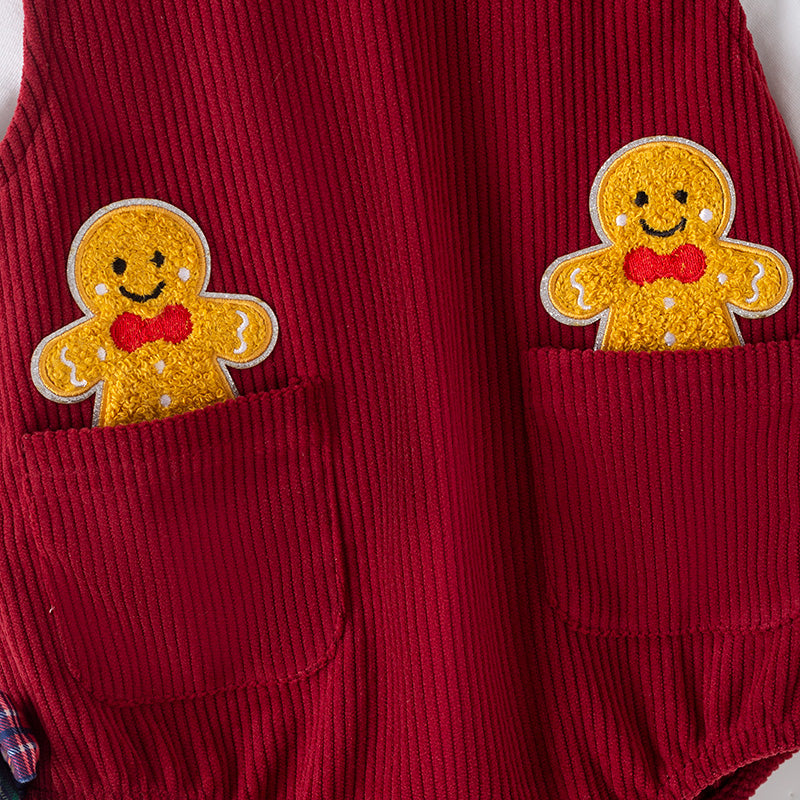 （In Stock）Toddler Girls Christmas Gingerbread Chenille Patches Corduroy Romper