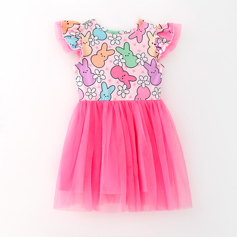 （In Stock）One Pack(1 Pieces total) Sale Girls Easter Bunny Print Tulle Dress