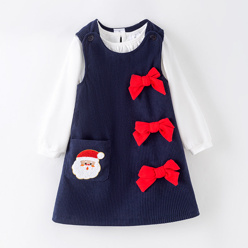 （In Stock）Girls Christmas Santa Claus Chenille Patches Corduroy Dress 2 PCS