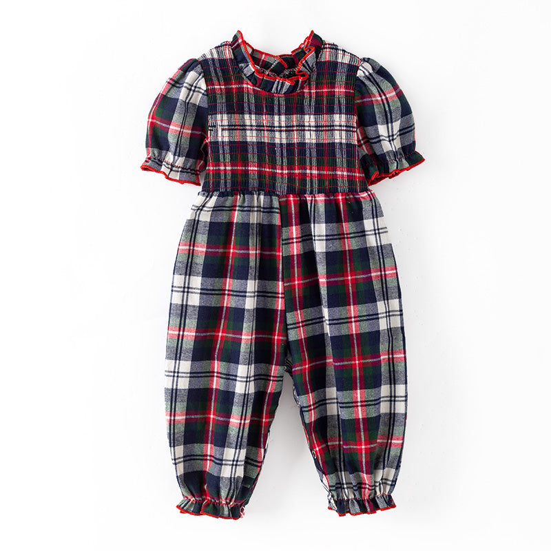 （In Stock）Toddler Girls Christmas Plaid Pattern Smocked Romper