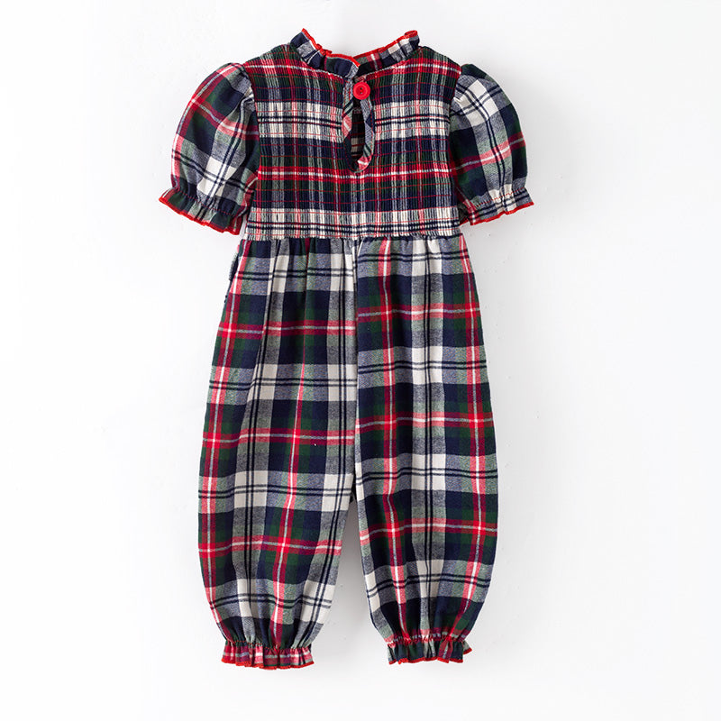（In Stock）Toddler Girls Christmas Plaid Pattern Smocked Romper