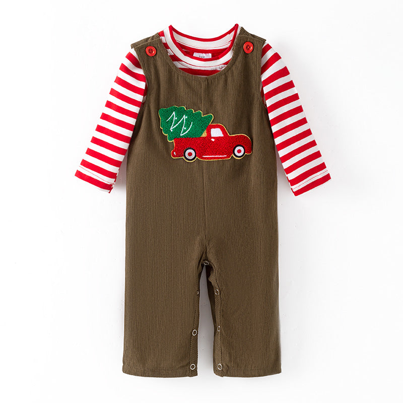 （In Stock）Toddler Boys Christmas Chenille Patches Corduroy Romper 2 PCS