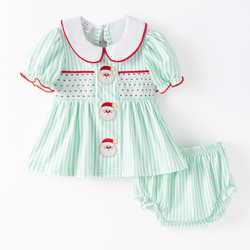 （In Stock）Toddler Girls Christmas Santa Claus Embroidery Smocked Bloomer Set