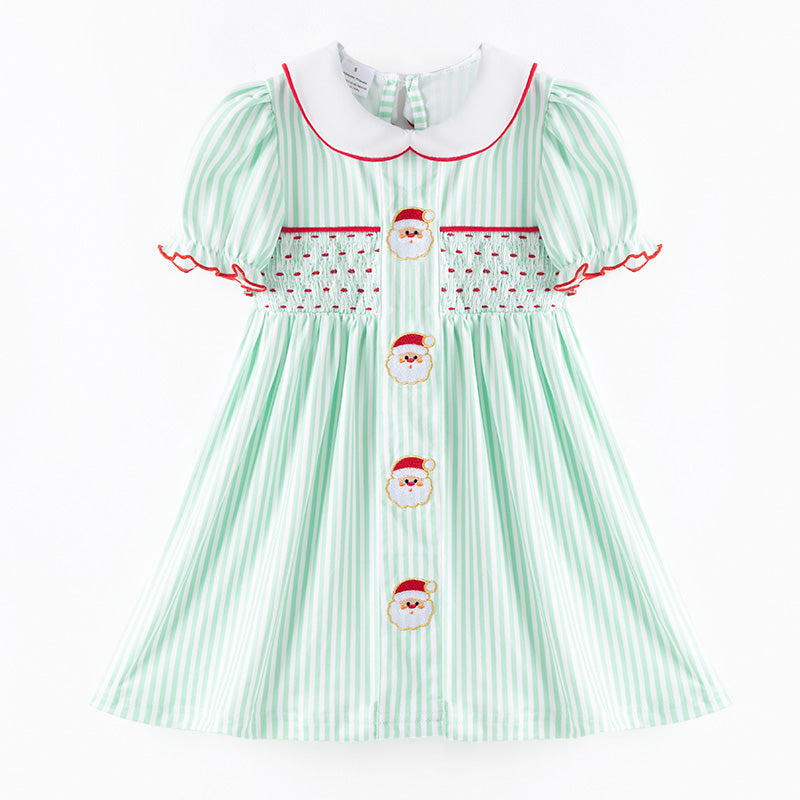 （In Stock）Girls Christmas Santa Claus Embroidery Smocked Dress