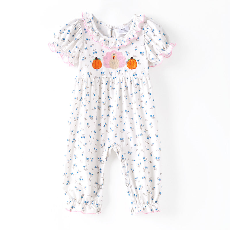 （In Stock）Toddler Girls Thanksgiving Turkey&Pumpkin Embroidery Romper