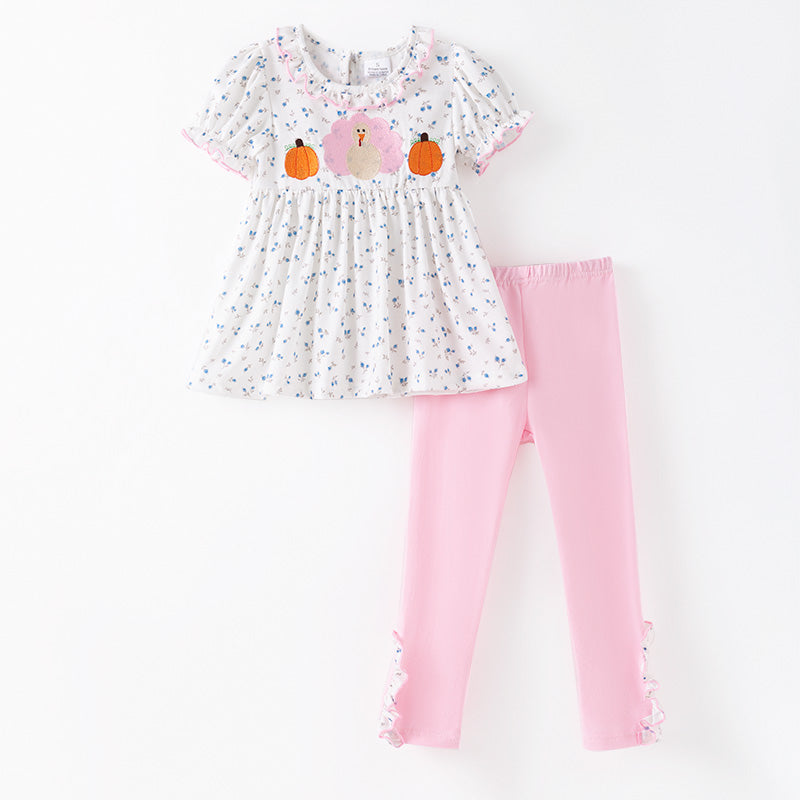 （In Stock）Toddler Girls Thanksgiving Turkey&Pumpkin Embroidery Outfit Set