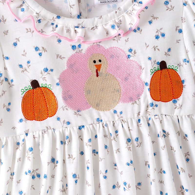 （In Stock）Toddler Girls Thanksgiving Turkey&Pumpkin Embroidery Outfit Set