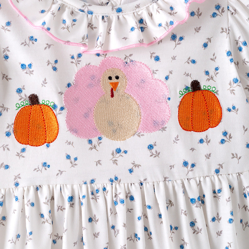 （In Stock）Toddler Girls Thanksgiving Turkey&Pumpkin Embroidery Dress