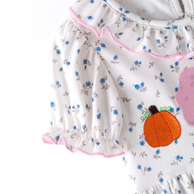 （In Stock）Toddler Girls Thanksgiving Turkey&Pumpkin Embroidery Dress