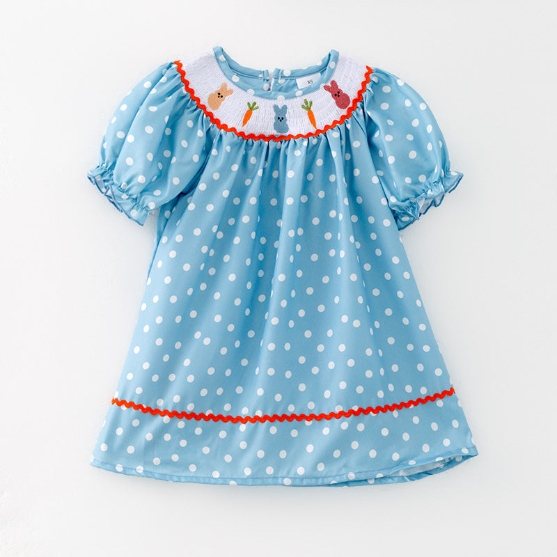 （In Stock）Girls Easter Bunny Embroidery Smocked Polka Dot Dress