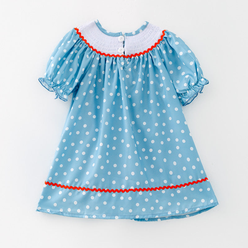 （In Stock）Girls Easter Bunny Embroidery Smocked Polka Dot Dress