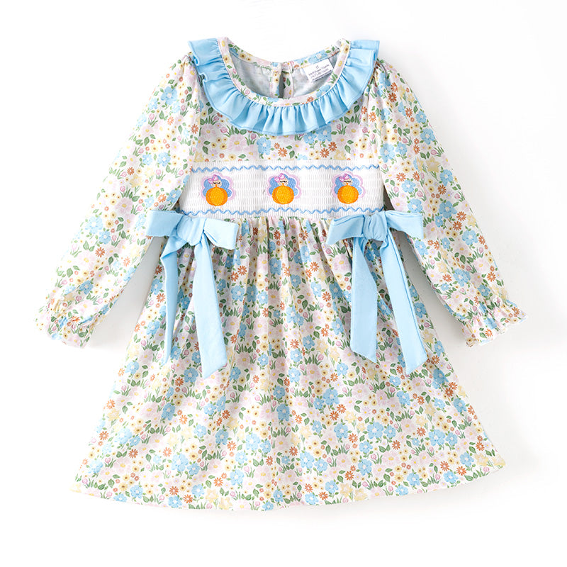 （In Stock）Girls Thanksgiving Turkey Embroidery Ruffle Dress