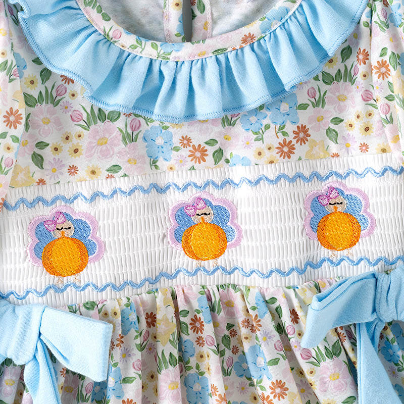 （In Stock）Girls Thanksgiving Turkey Embroidery Ruffle Dress
