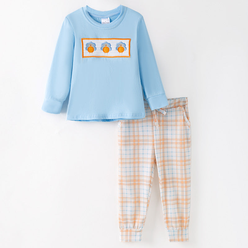 （In Stock）Boys Thanksgiving Turkey Embroidery Smocked Outfit Set