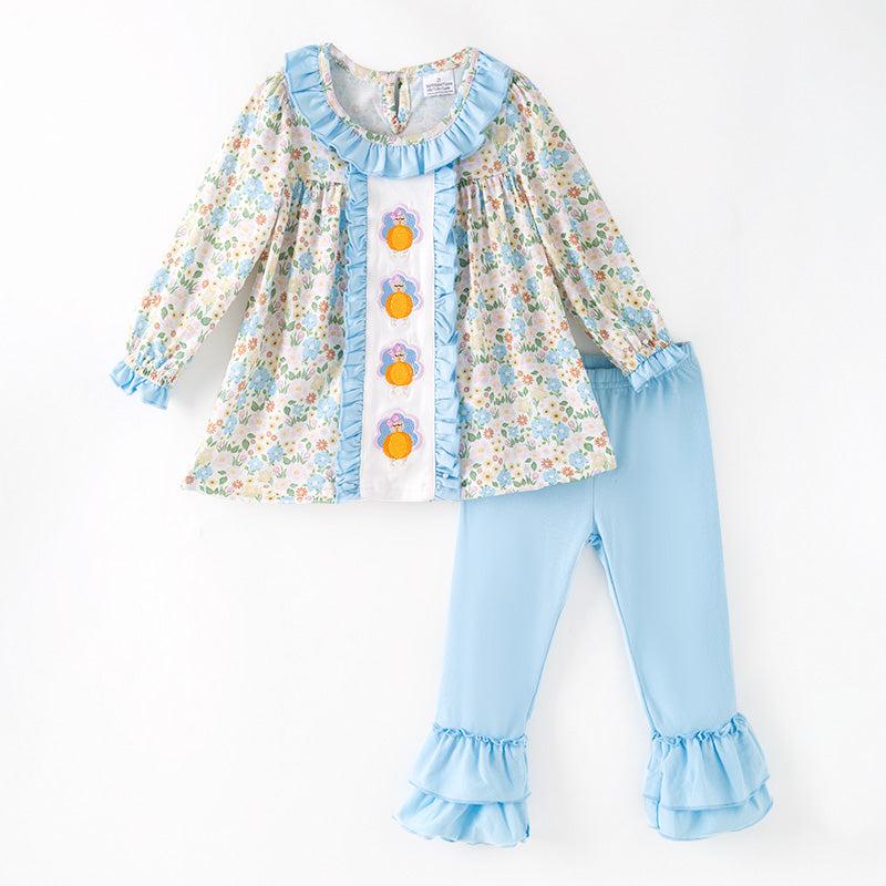 （In Stock）Girls Thanksgiving Turkey Embroidery Ruffle Outfit Set