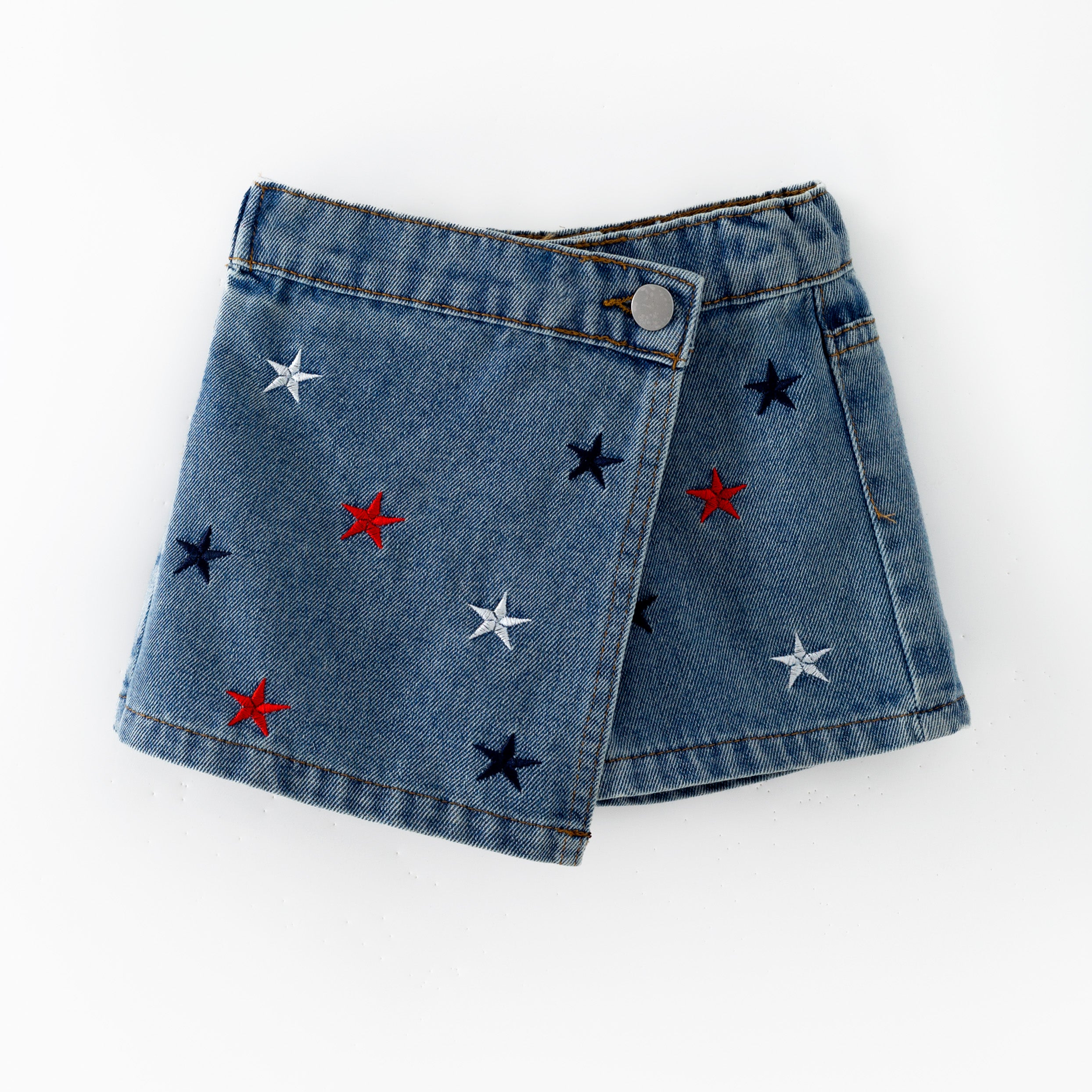 （In Stock）Girls Patriotic Star Embroidery Denim Skort