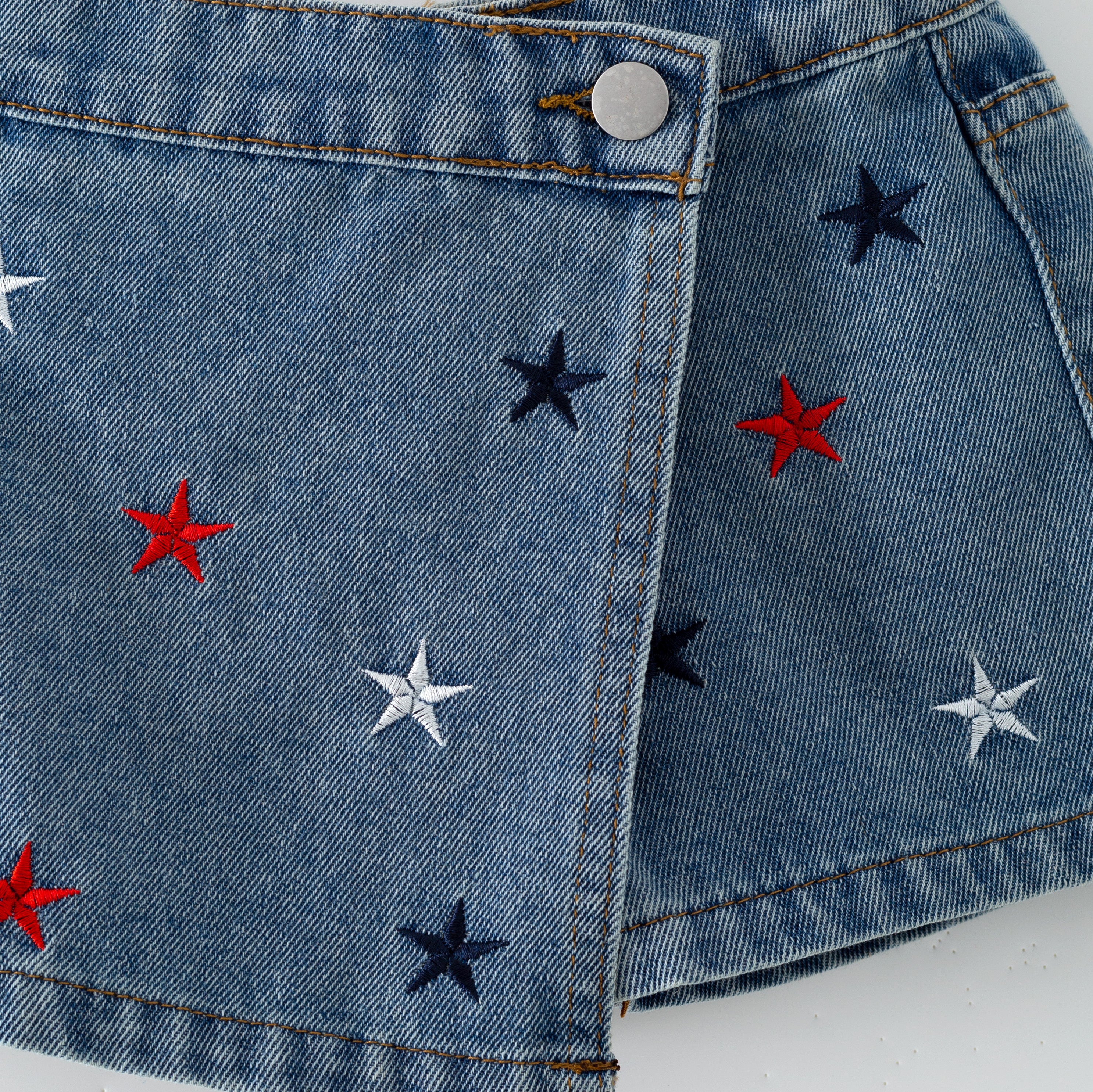（In Stock）Girls Patriotic Star Embroidery Denim Skort