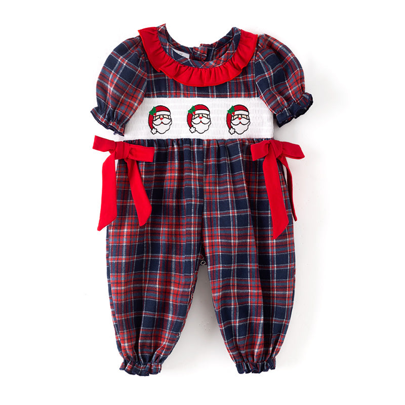 （In Stock）Toddler Girls Christmas Santa Claus Embroidery Smocked Romper