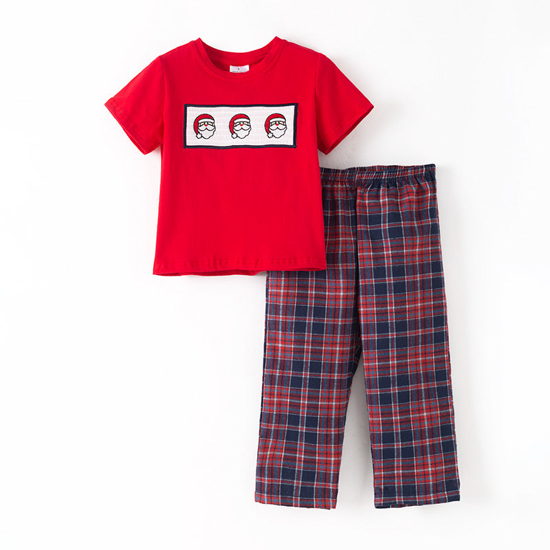 （In Stock）Boys Christmas Santa Claus Embroidery Smocked Outfit Set