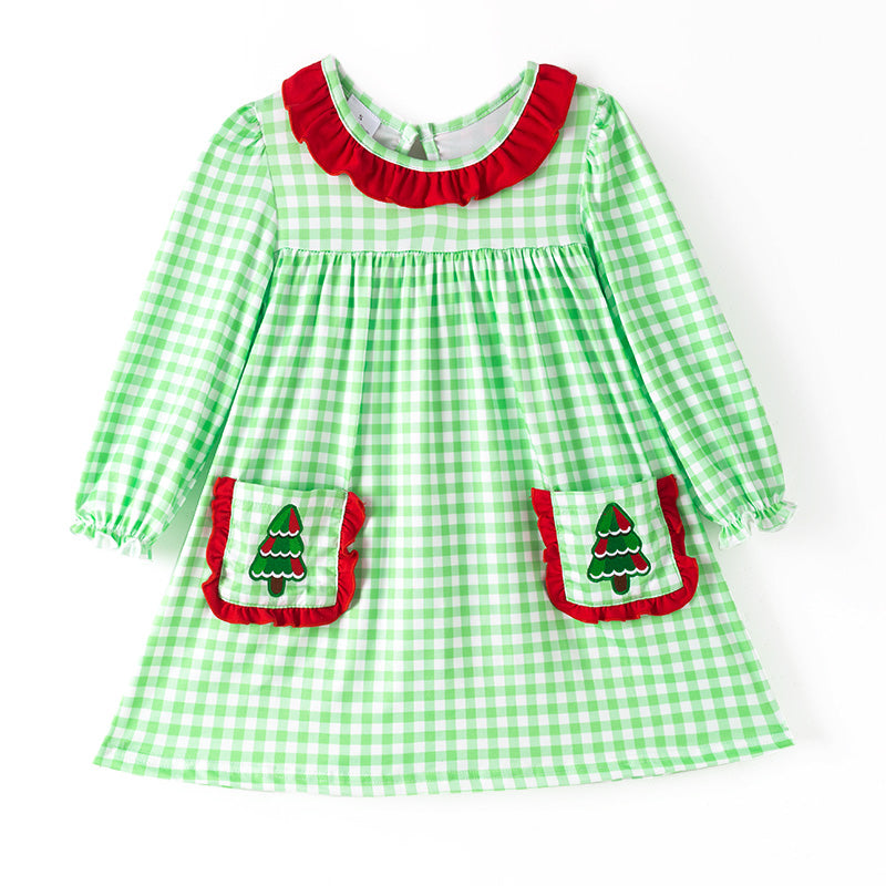 （In Stock）Girls Christmas Tree Embroidery Dress with Pockets