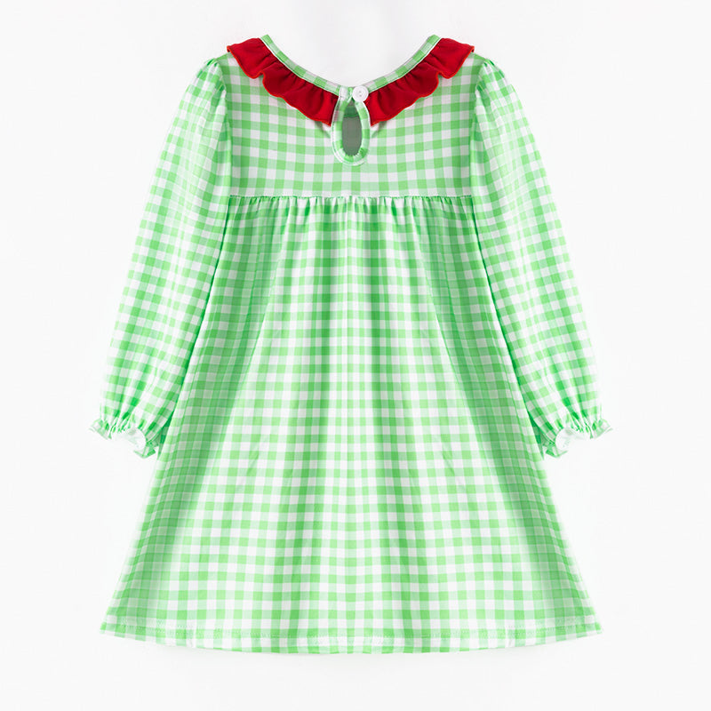 （In Stock）Girls Christmas Tree Embroidery Dress with Pockets