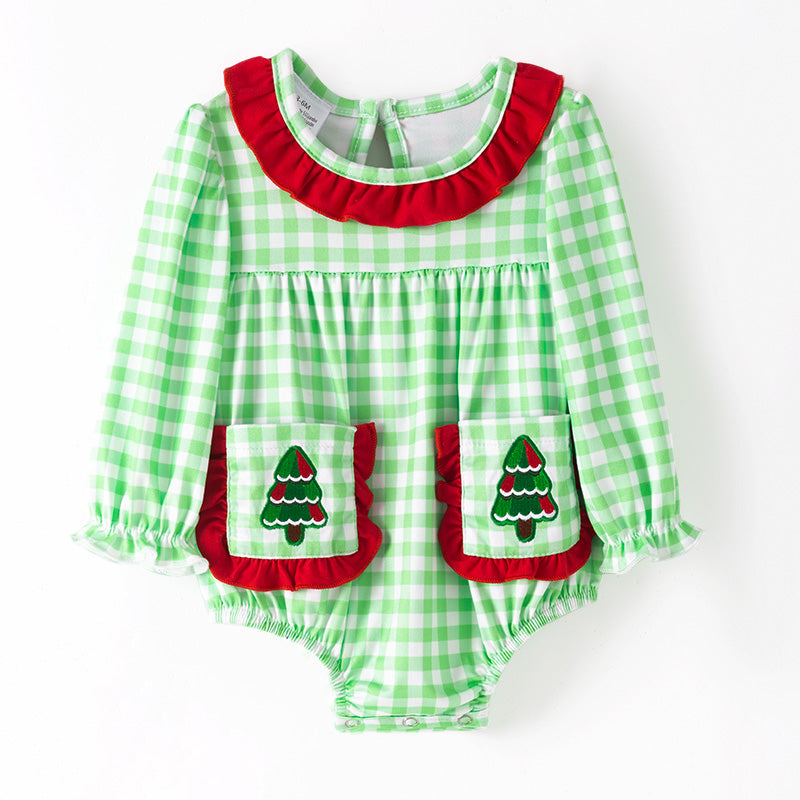 （In Stock）Toddler Girls Christmas Tree Embroidery Romper with Pockets
