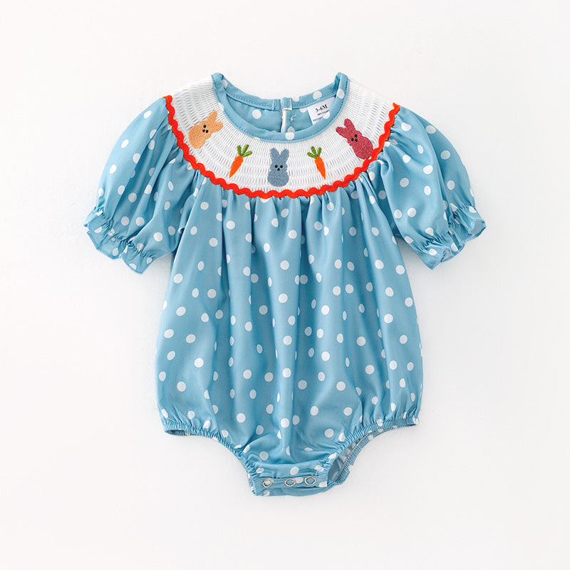 （In Stock）Toddler Girls Easter Bunny Embroidery Smocked Polka Dot Romper