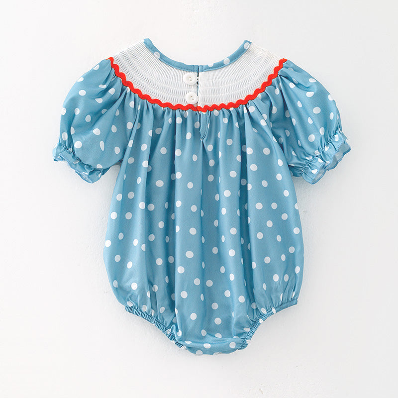 （In Stock）Toddler Girls Easter Bunny Embroidery Smocked Polka Dot Romper